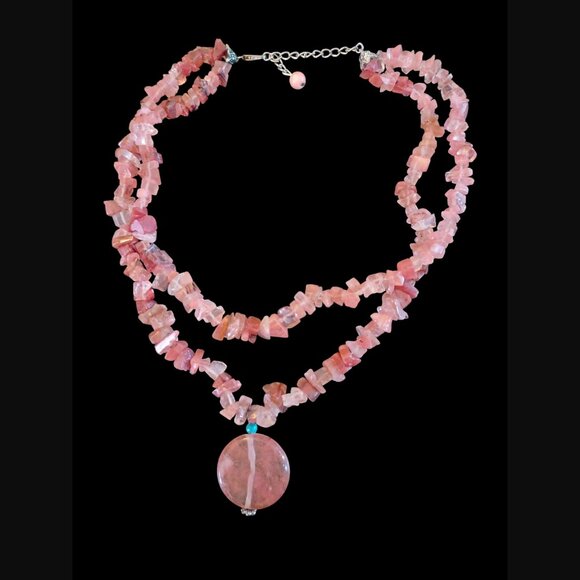 Handmade Boho Style Simulated Rose Quartz Glass Bead Double Layered Necklace 18" - Picture 1 of 5
